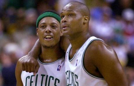 Paul Pierce, left, and Antoine Walker during a 2002 playoff game against Philadelphia. 
